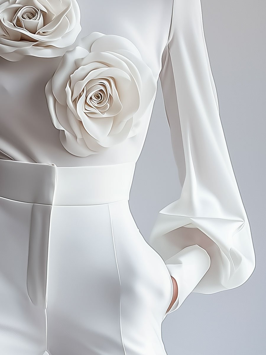 Elegant White High-Neck 3D Floral Detail - Blouse