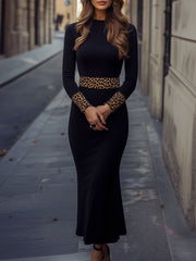 Elegant Black Dress with Leopard Cuff & Waist Trim - Midi Dress