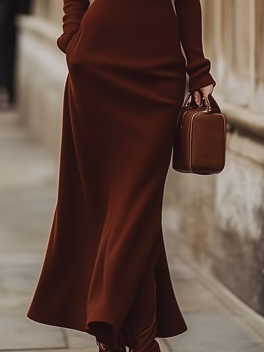 Classic Chocolate Brown Turtleneck - Midi Dress