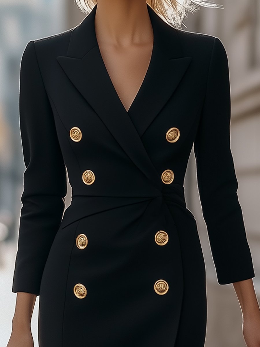 Tailored Black Double-Breasted Dress with Gold Buttons - Blazer Dress