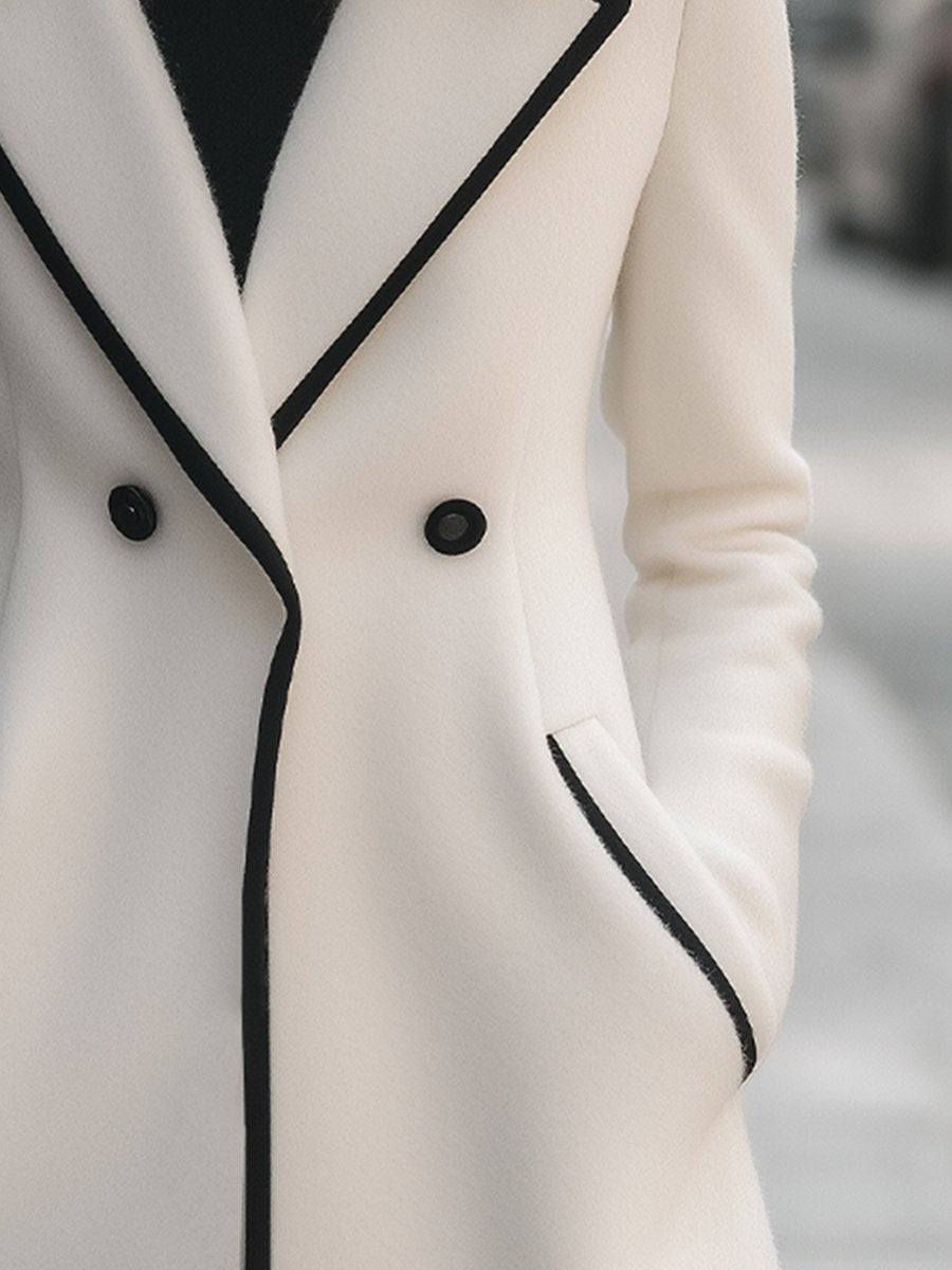 Chic Double-Breasted White Coat with Black Trim - Women's Coat