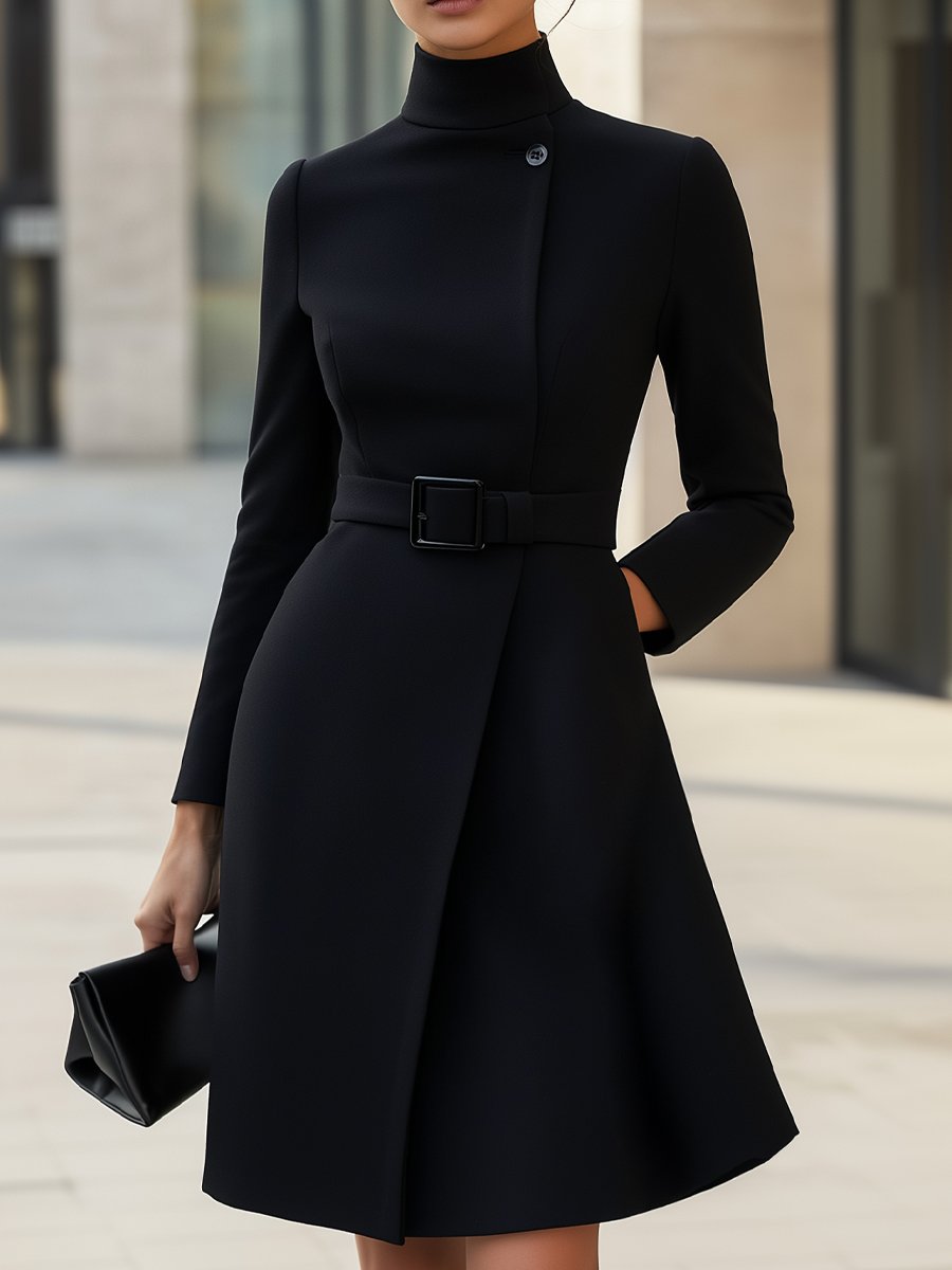 Black High-Neck Asymmetric Hem Belted A-Line - Midi Dress