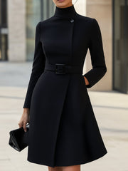 Black High-Neck Asymmetric Hem Belted A-Line - Midi Dress