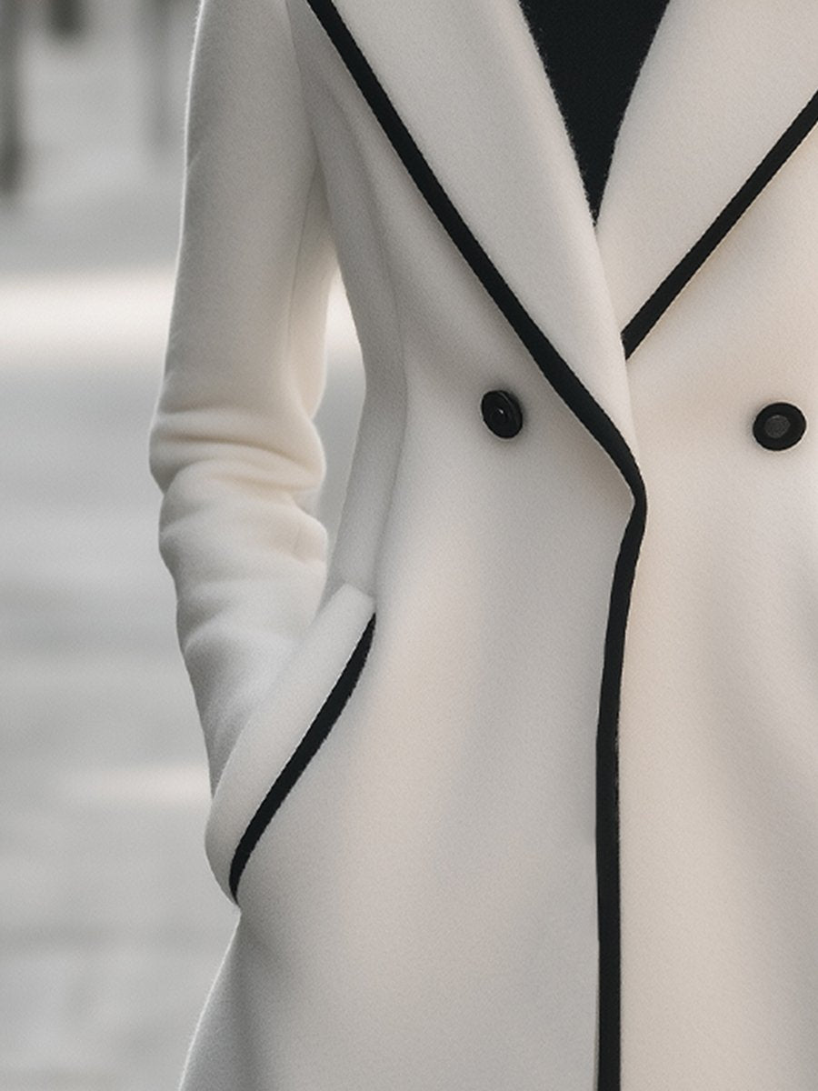 Chic Double-Breasted White Coat with Black Trim - Women's Coat