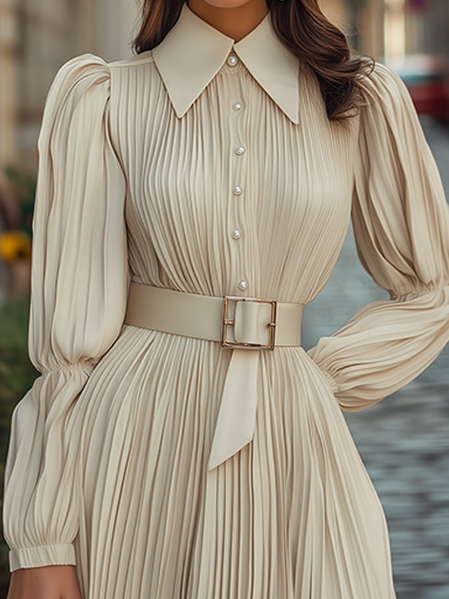 Vintage Ivory Pleated Belted Waist - Midi Dress