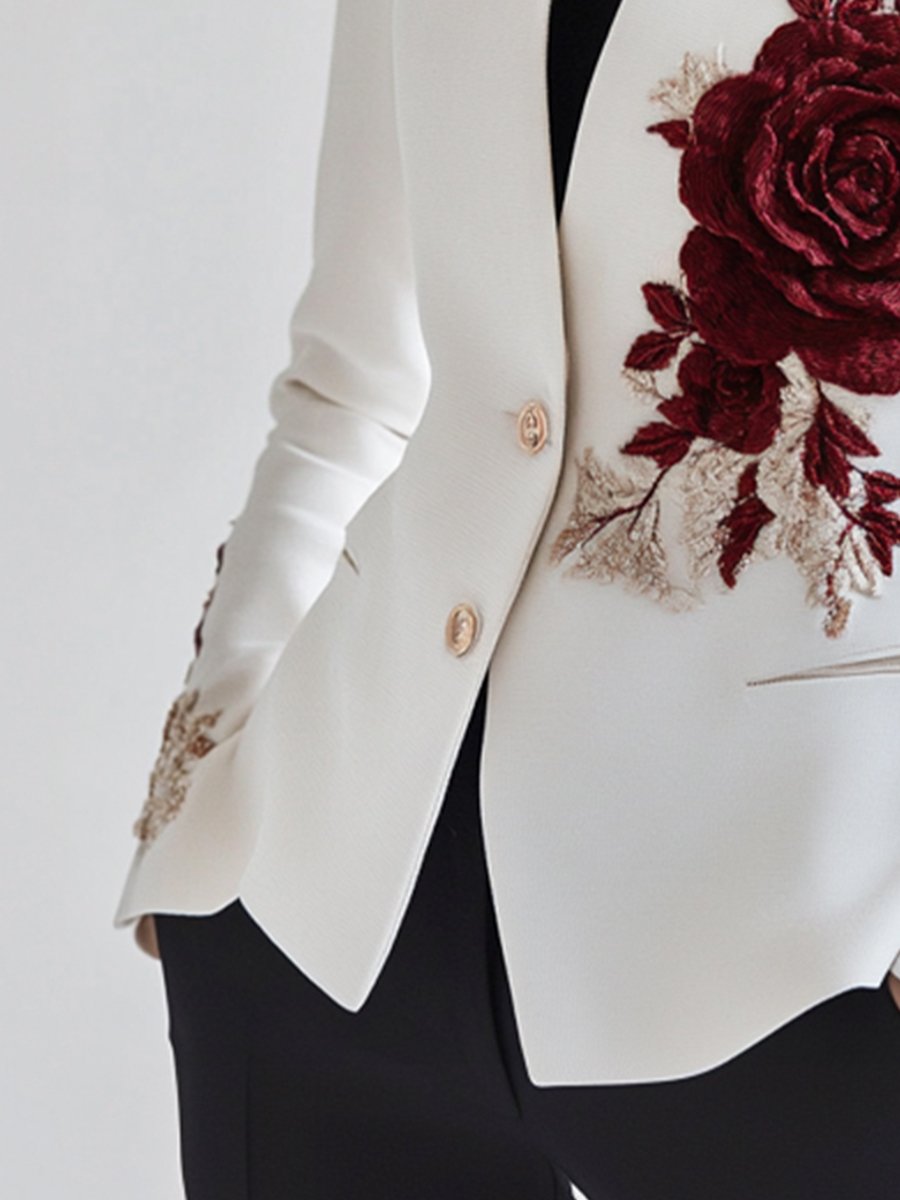 White Tailored Blazer with Red Rose Embroidery - Blazer