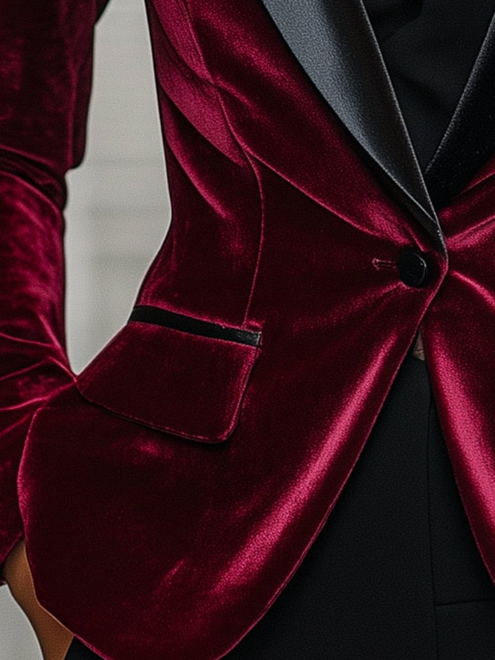 Burgundy Velvet Blazer with Satin Lapels and Black Rose Detail ZJ