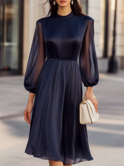 Elegant Navy Chiffon Sheer-Sleeve - Midi Dress