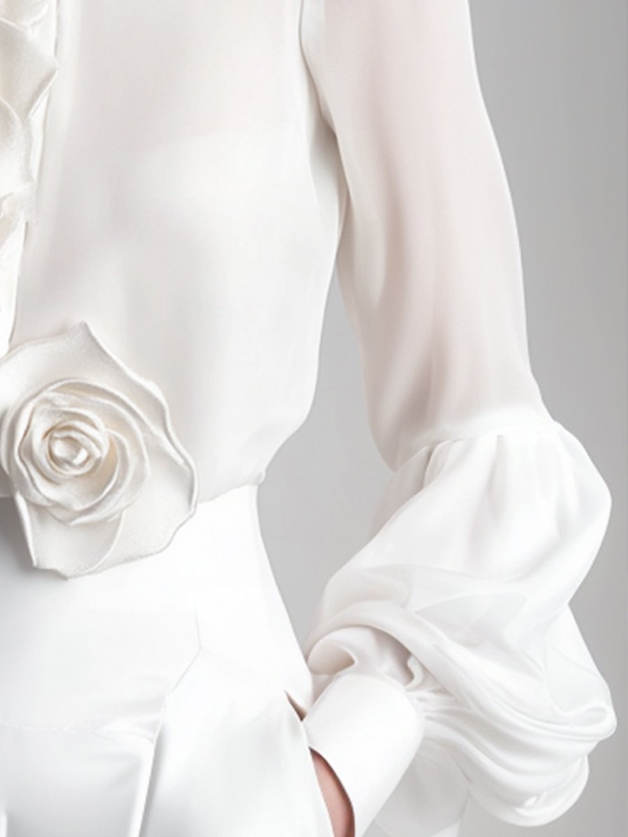 Modern White 3D Rose Applique - Women's Blouse