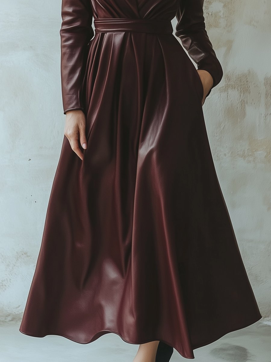 Chic Women's Burgundy Leather Sheath - Mini Dress