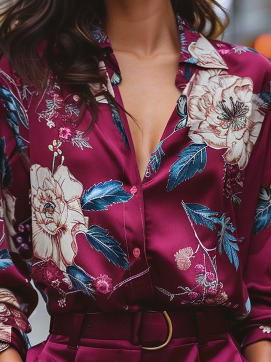 Burgundy Floral Satin V-Neck - Blouse