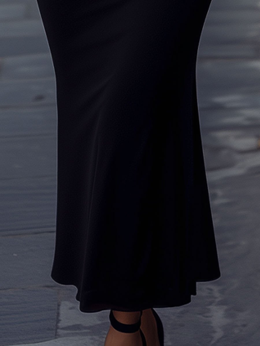 Elegant Black Dress with Leopard Cuff & Waist Trim - Midi Dress