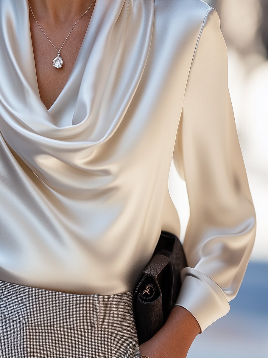 Ivory Satin Draped Cowl-Neck - Blouse