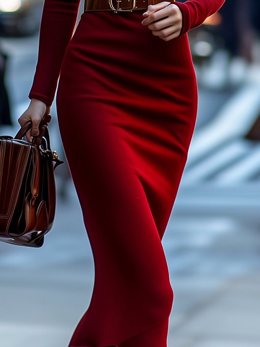 Elegant Red Ribbed Turtleneck Knit - Midi Dress