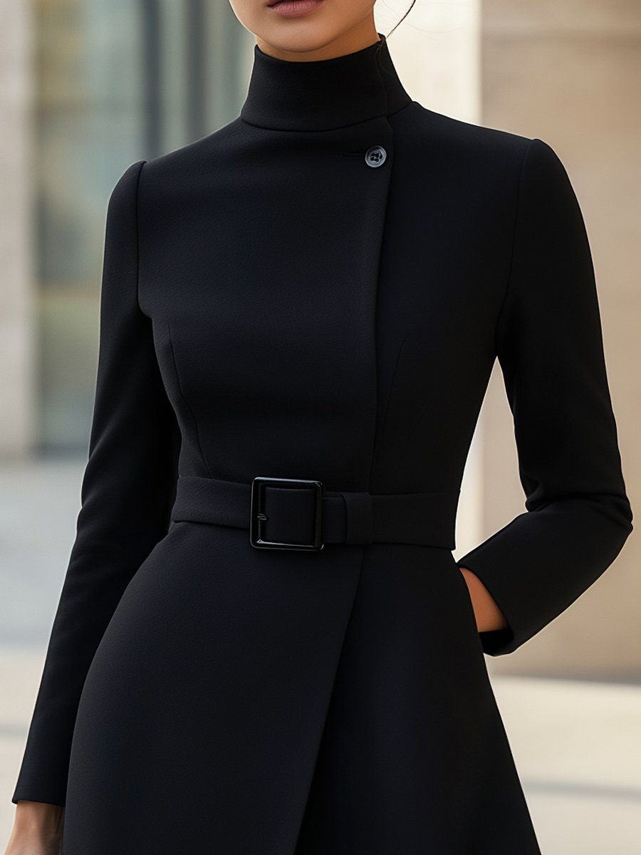 Black High-Neck Asymmetric Hem Belted A-Line - Midi Dress