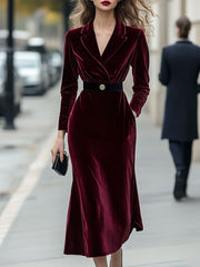 Classic Long-Sleeve Velvet with Gold Accents - Midi Dress