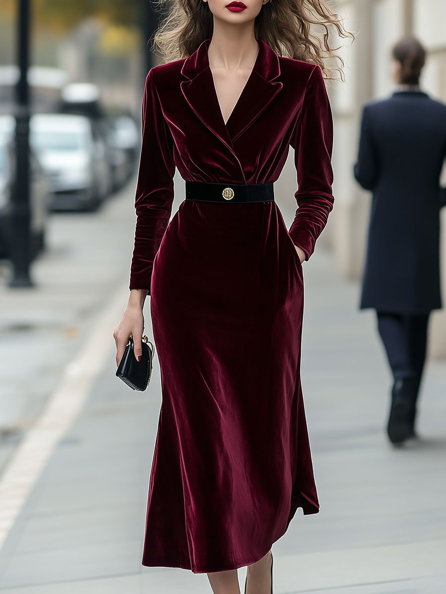 Classic Long-Sleeve Velvet with Gold Accents - Midi Dress