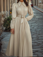 Vintage Ivory Pleated Belted Waist - Midi Dress