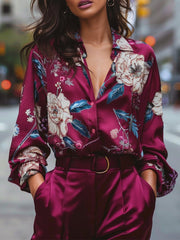Burgundy Floral Satin V-Neck - Blouse