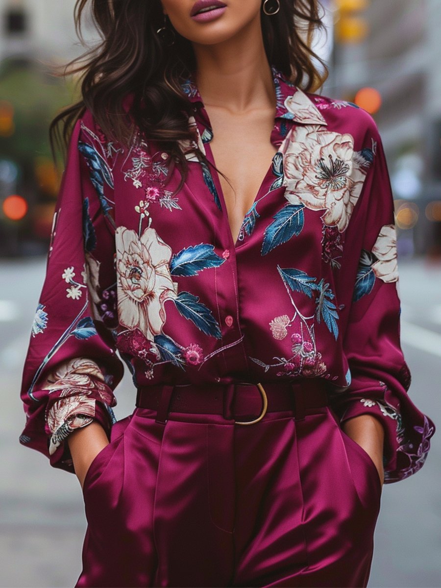 Burgundy Floral Satin V-Neck - Blouse