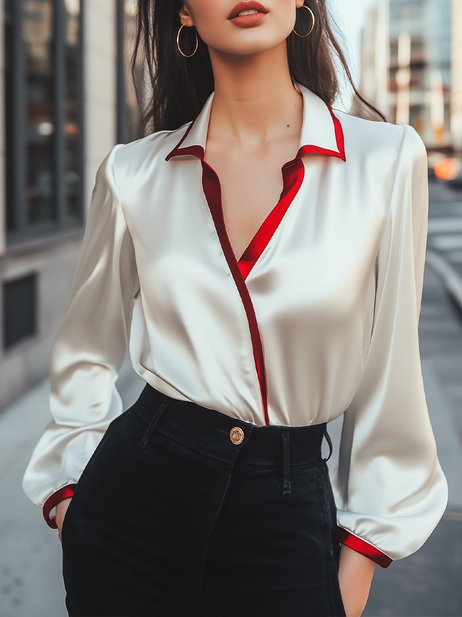 Contrast Collar Satin, Silk‑Look Finish - Blouse