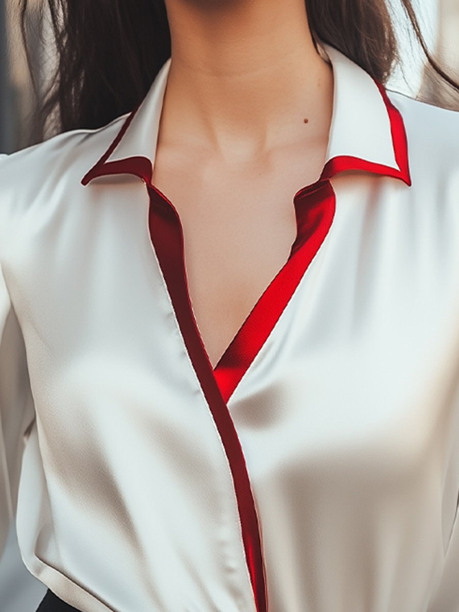 Contrast Collar Satin, Silk‑Look Finish - Blouse