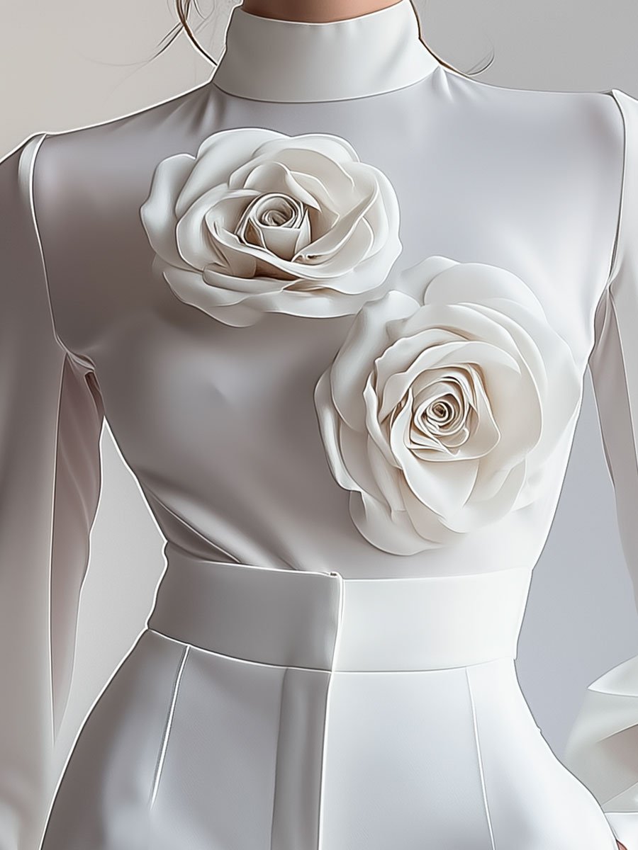 Elegant White High-Neck 3D Floral Detail - Blouse