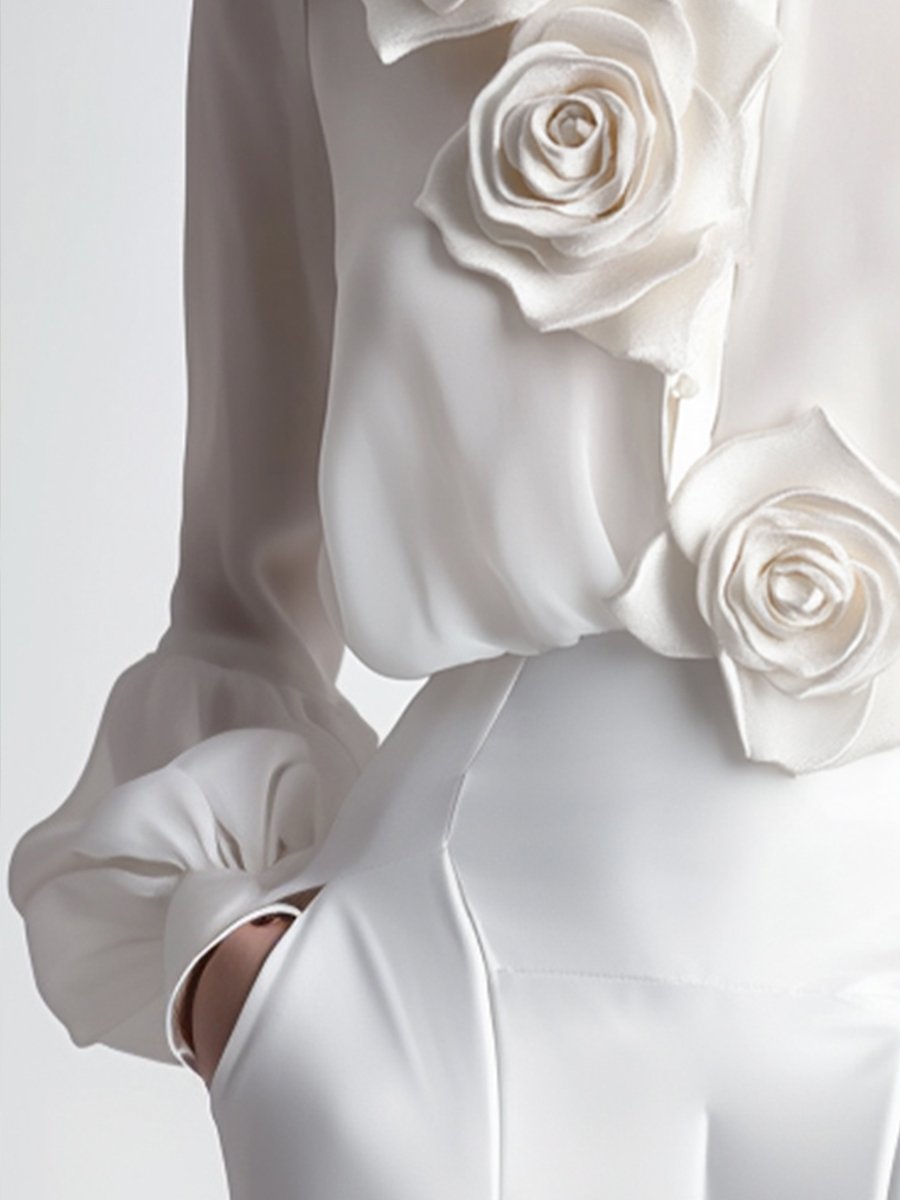 Modern White 3D Rose Applique - Women's Blouse