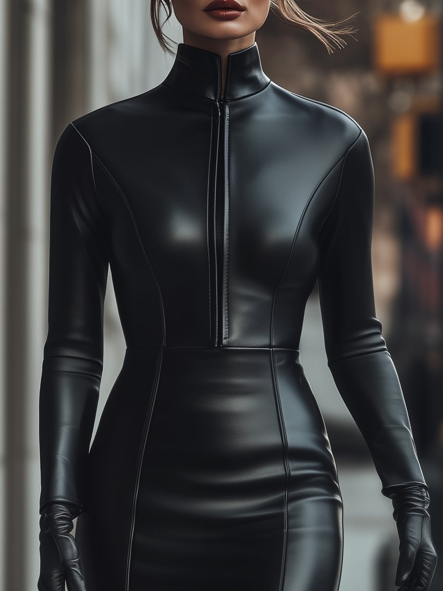 Elegant Black Zip-Up Faux Leather - Mini Dress