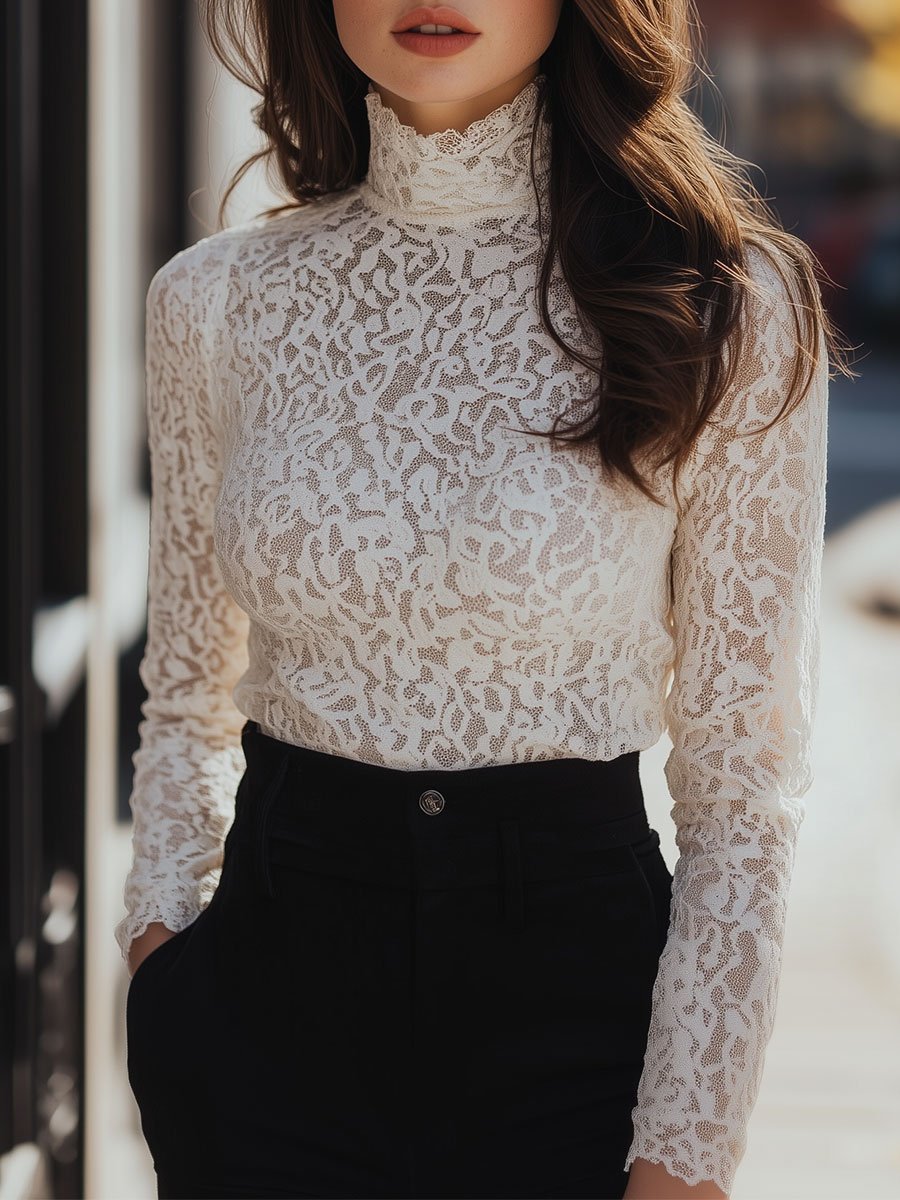 Elegant Floral Lace High-Neck - Blouse