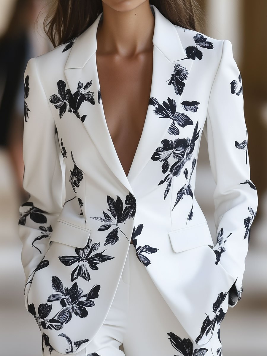 White Blazer with Bold Black Floral Print - Women's Blazer
