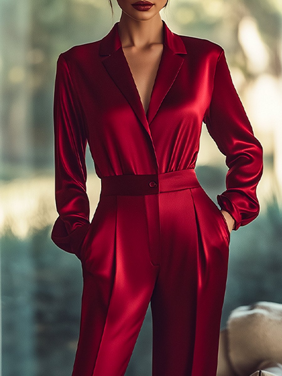 Luxurious Red Satin Buttoned-Waist - Jumpsuit