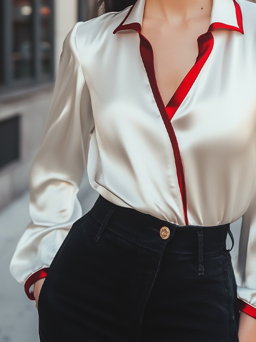 Contrast Collar Satin, Silk‑Look Finish - Blouse
