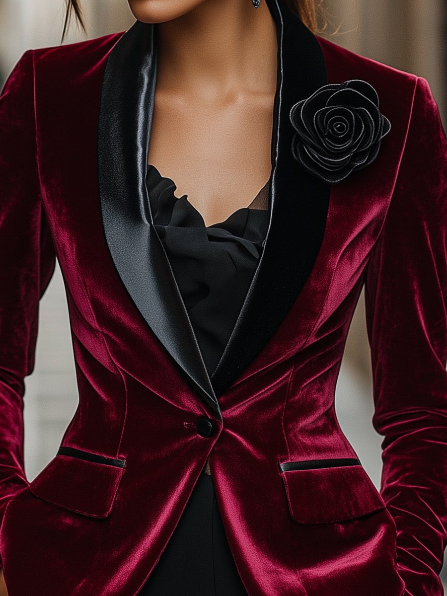 Burgundy Velvet Blazer with Satin Lapels and Black Rose Detail ZJ