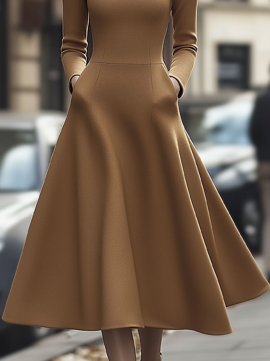 Elegant Camel High-Neck A-Line - Midi Dress