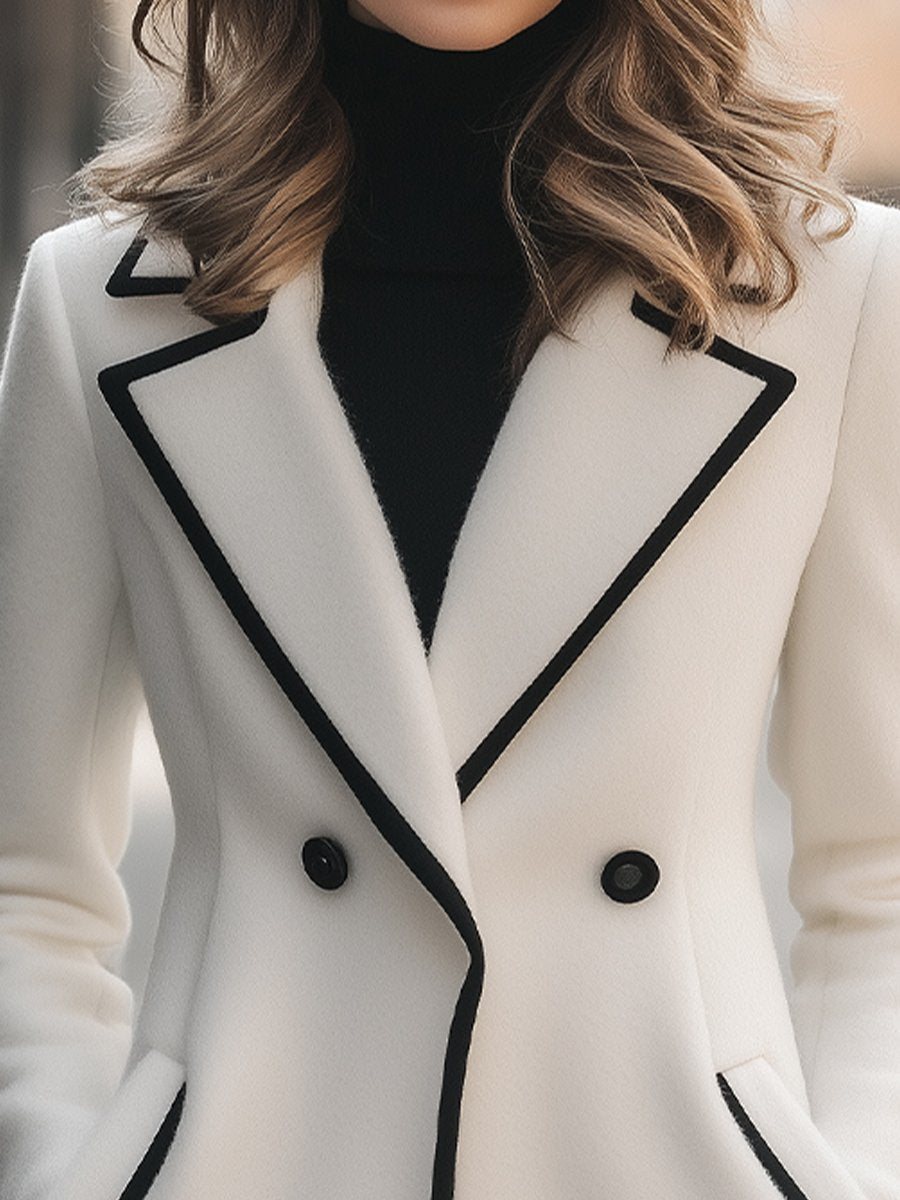 Chic Double-Breasted White Coat with Black Trim - Women's Coat
