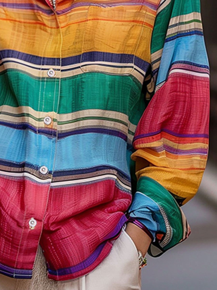 Shirt-Collar Rainbow Stripe Linen Top - Blouse