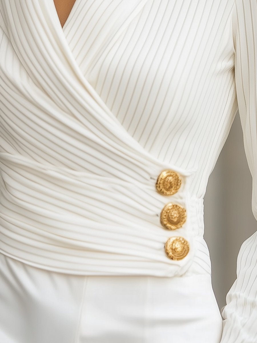 White Striped Pleated Wrap with Gold Buttons - Blouse