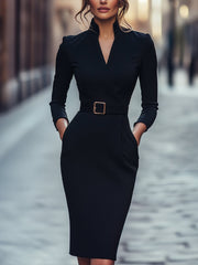 Sleek Black Belted Mandarin Collar Sheath - Midi Dress