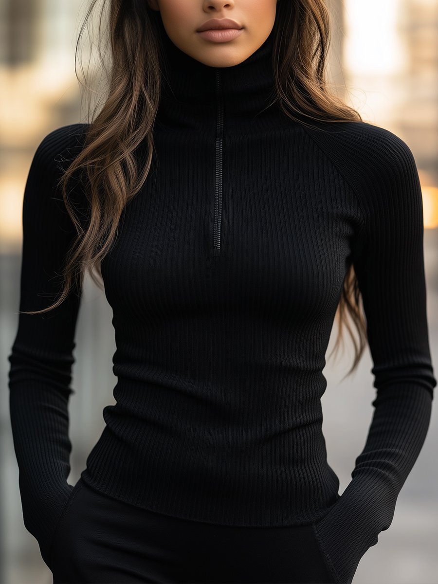 Black Ribbed Zip-Front Turtleneck - Sweater