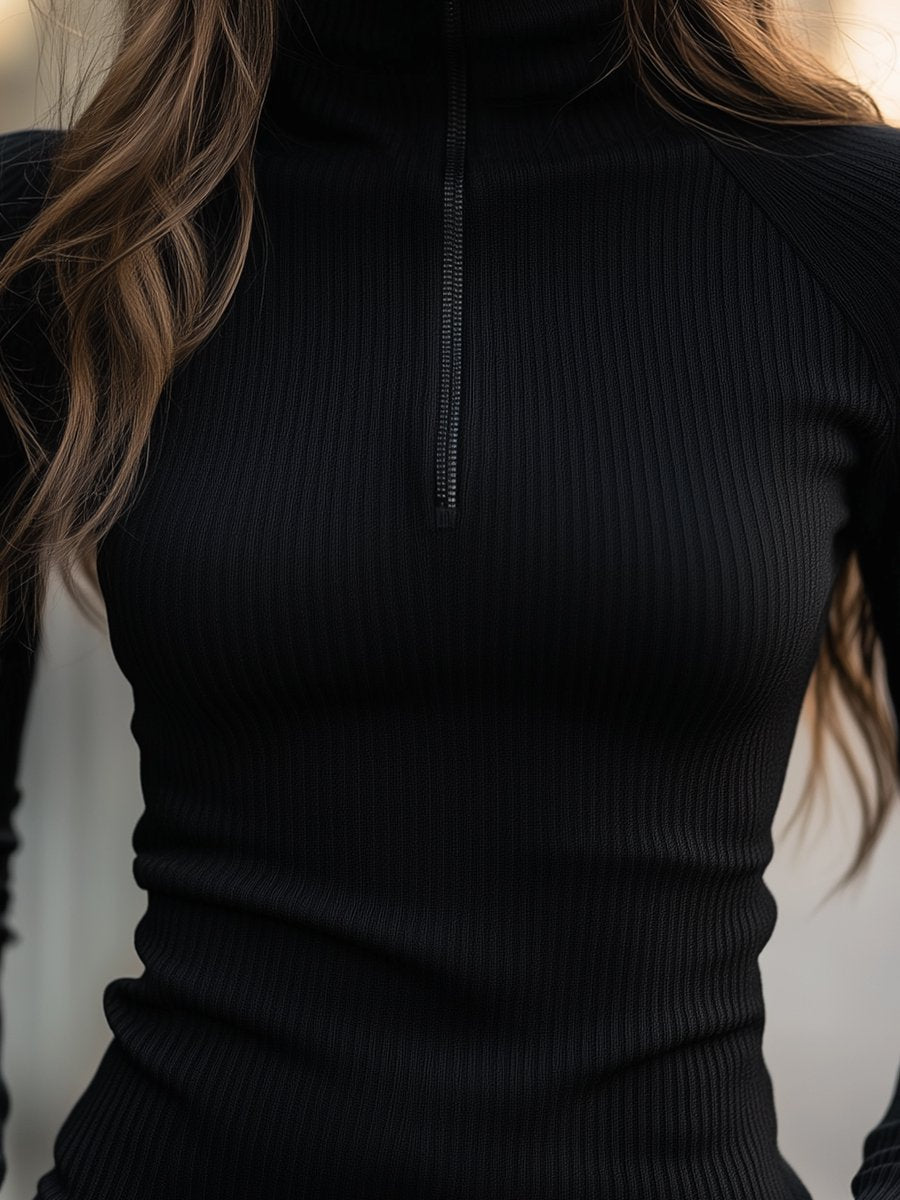 Black Ribbed Zip-Front Turtleneck - Sweater