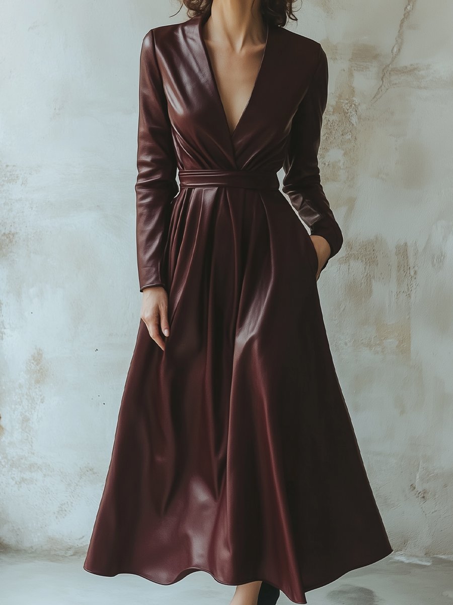 Chic Women's Burgundy Leather Sheath - Mini Dress