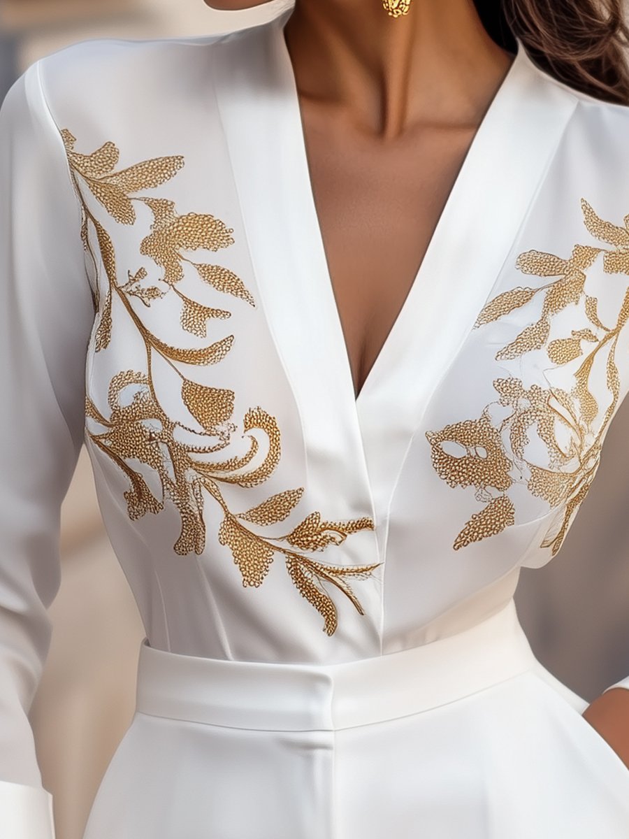 White Blouse with Gold Floral Embroidery - Blouse
