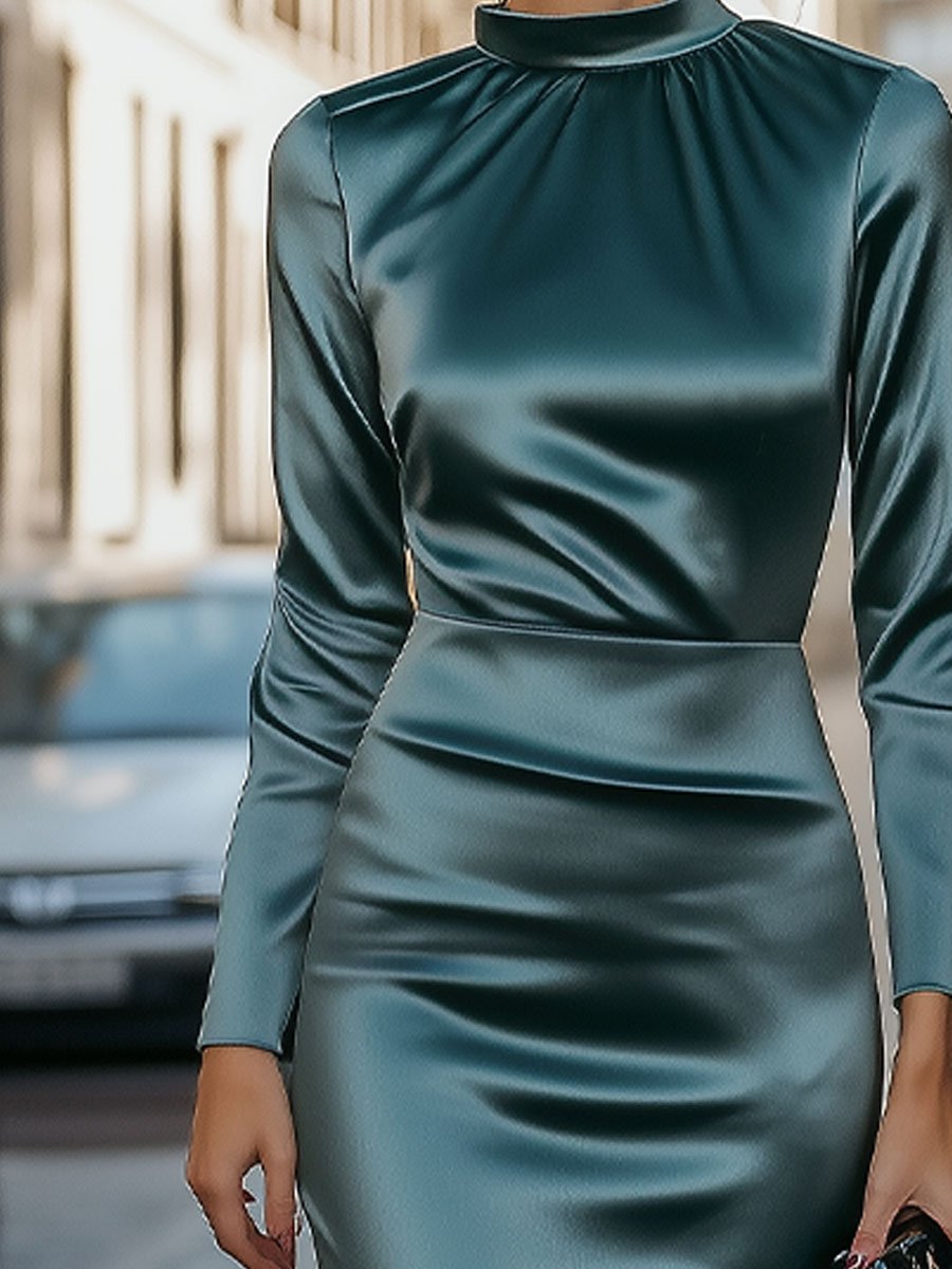 Satin High-Neck Draped Evening Silhouette - Maxi Dress