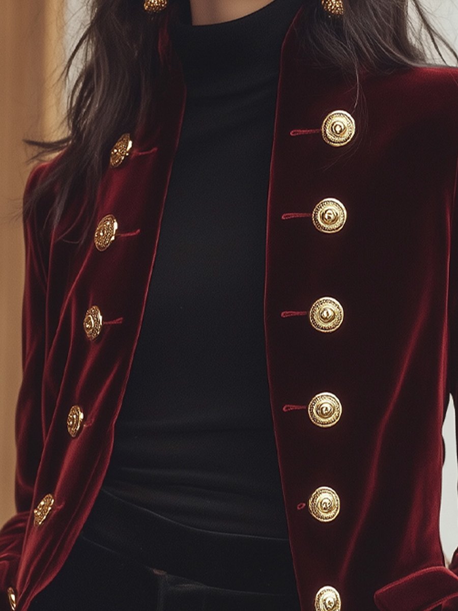 Women's Velvet Blazer with Gold Trim - Jacket