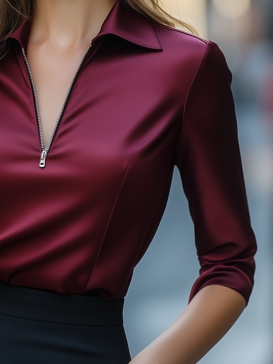 Burgundy Satin Zip-Front Long Sleeve - Blouse
