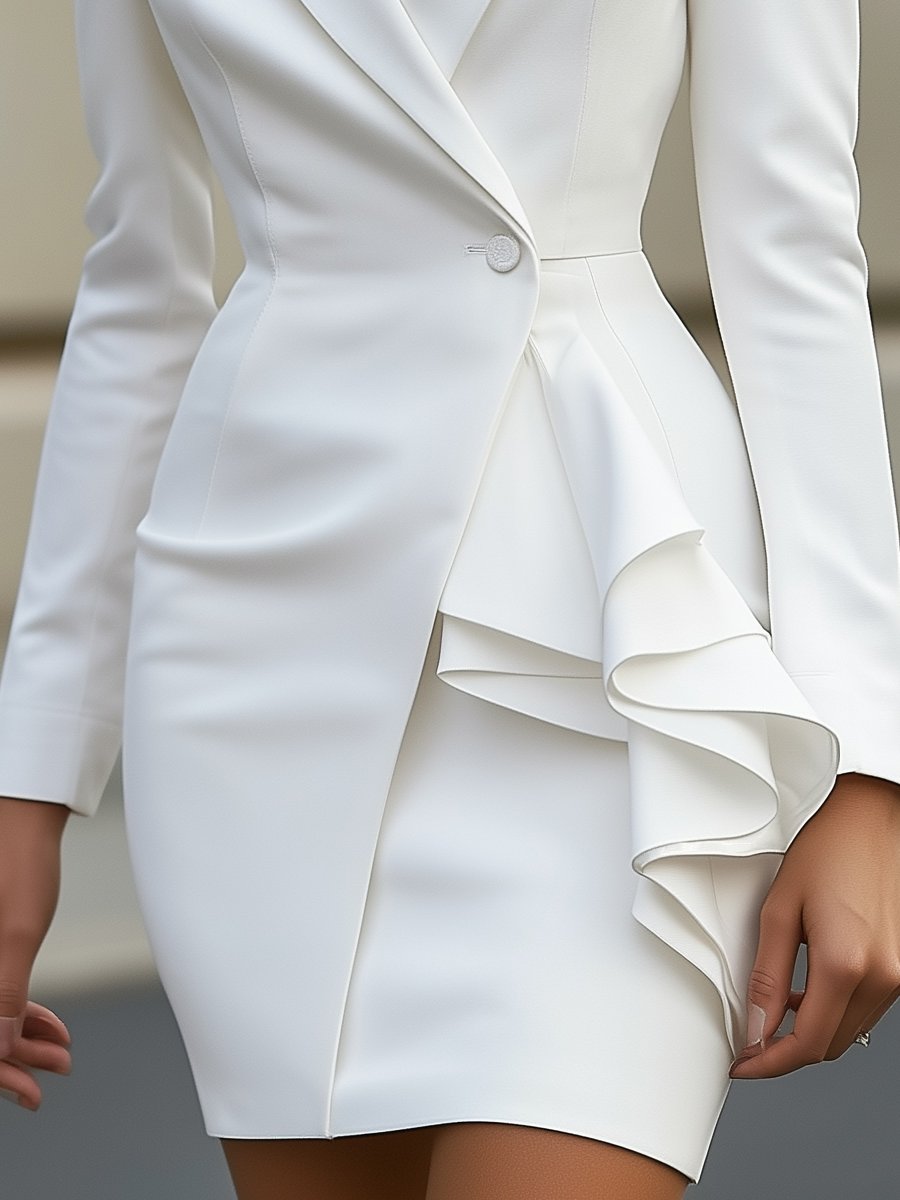 Elegant Tailored White Blazer Dress with Ruffle Detail - Mini Dress