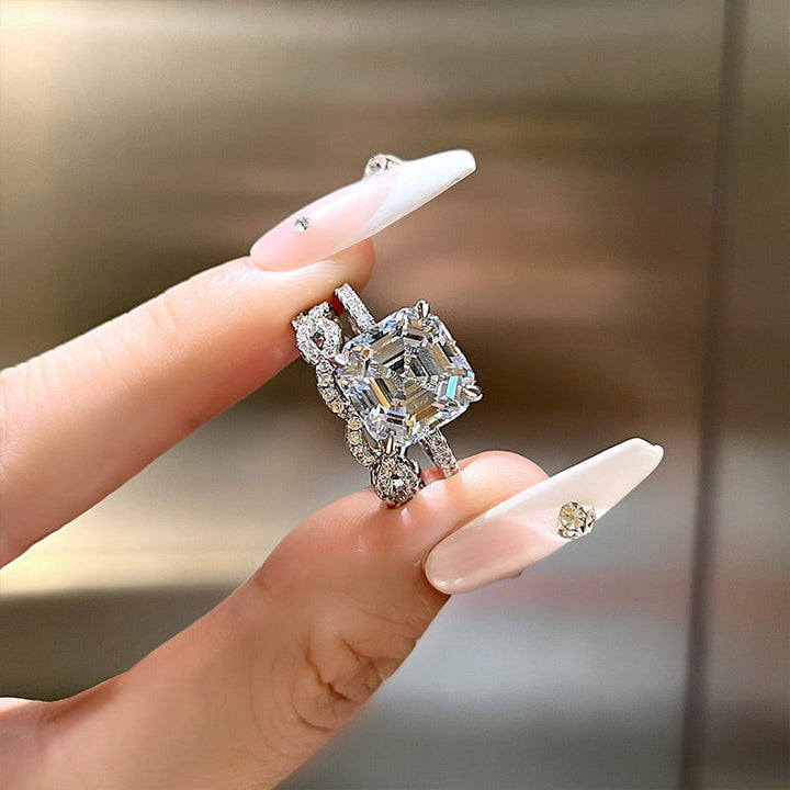 Stunning Asscher Cut Sterling Silver Bridal Set with Infinity Band shine of diamond