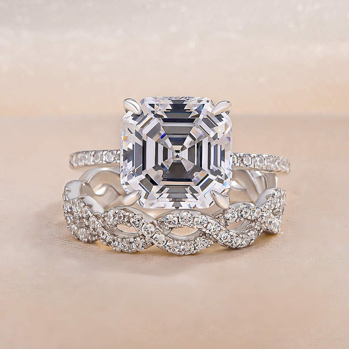 Stunning Asscher Cut Sterling Silver Bridal Set with Infinity Band shine of diamond