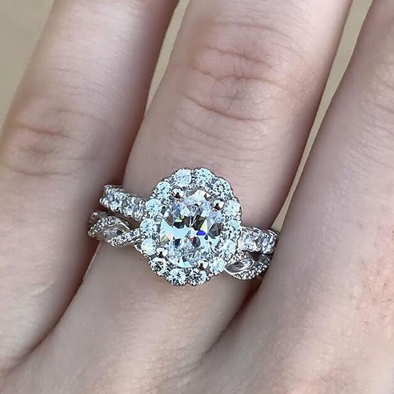 5PCS Dainty Halo Oval Cut Bridal Set In Sterling Silver Shineofdiamond